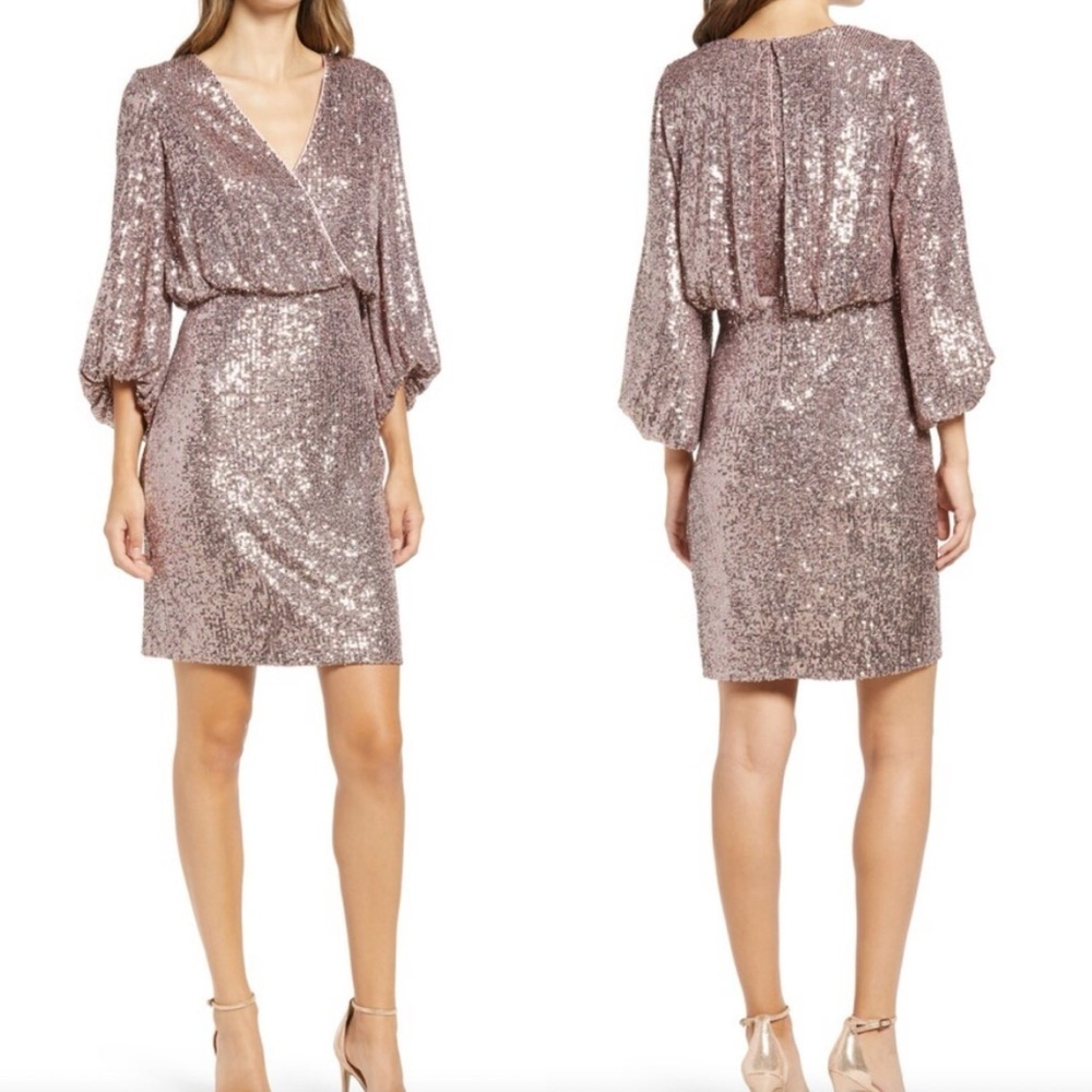 Eliza J Sequin Balloon Sleeve Cocktail Dress Rose Gold Size 4